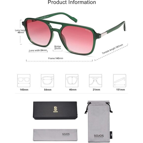 Women\'s Green Pink Trendy Rectangle Retro Aviator Sunglasses Elegant Frame